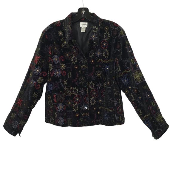 Chicos Black Velvet Embroidered Jacket Blazer 1 US M Boho Artsy Career Studded - Picture 1 of 16